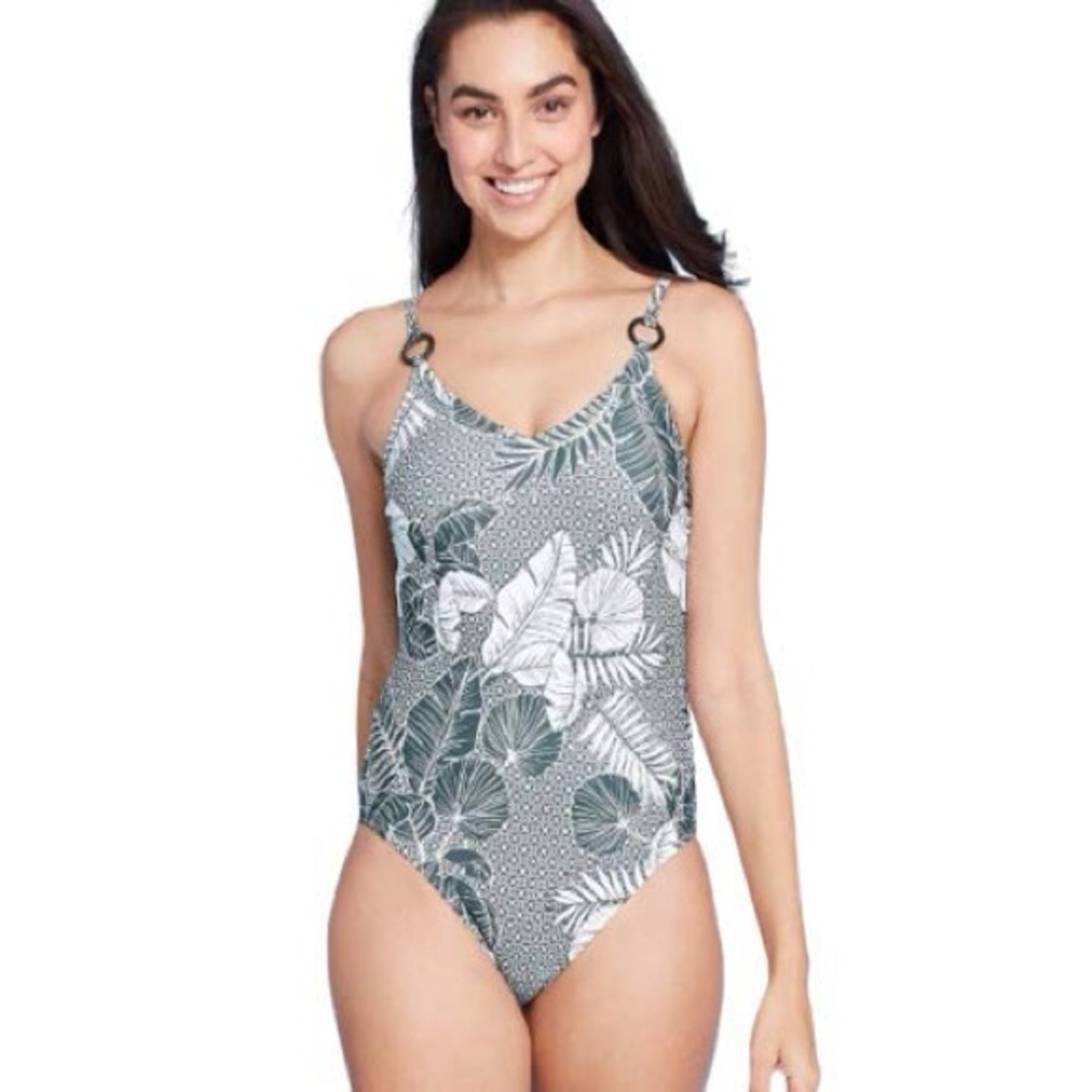 Kona Sol Swimsuit Womens Large Green White Tropical Leaf Print One-Piece